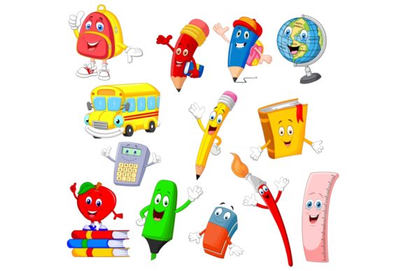 Download Set of Thirteen Cartoon School Supplies - School supplies Collection